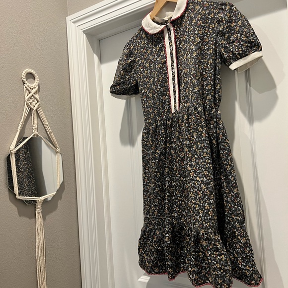 Vtg 1970s -Union Made -Cottagecore Prairie Dress W/Peter Pan Collar Black Floral - Picture 4 of 9